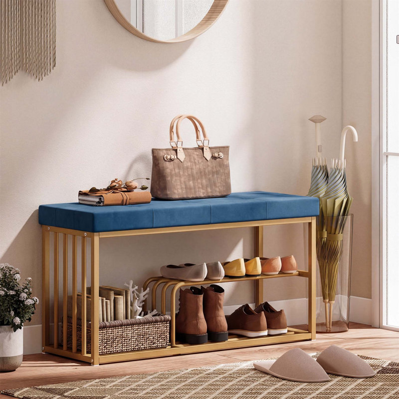 8 Pair Shoe Storage Bench, Blue/Gold