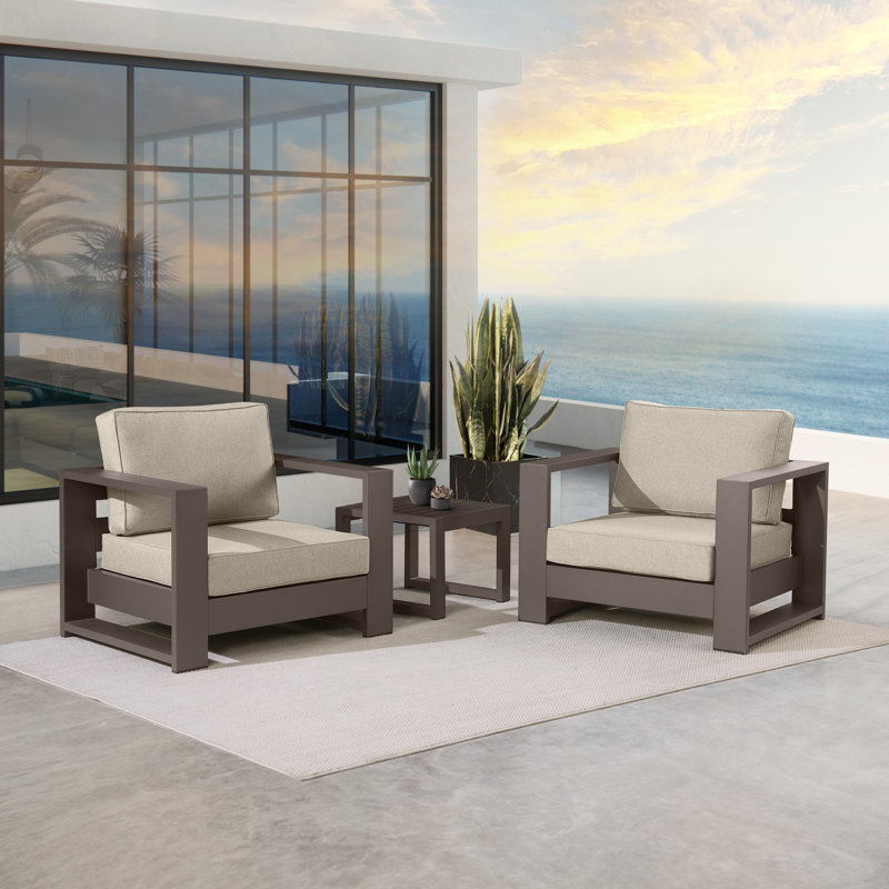 Ensemble de conversation d'extérieur en aluminium avec table de bout Hoyt, Bronze, 3 Pcs: End Table, 2 Chairs, Kaki