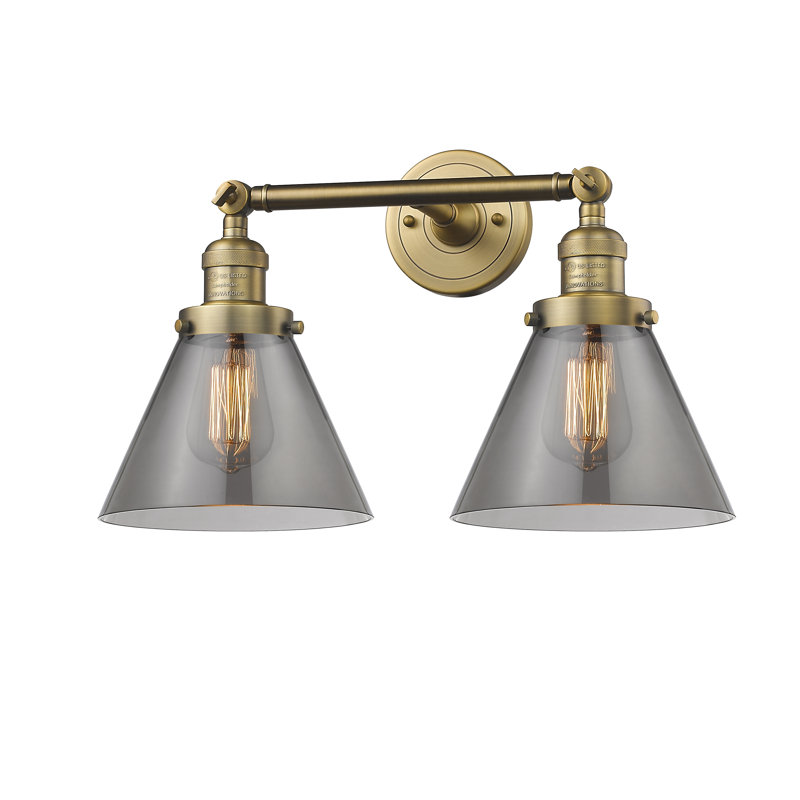 Cone 2 Light Bath Vanity Light, Smoked, 6 Watt Vinage LED Bulb, Antique Brass