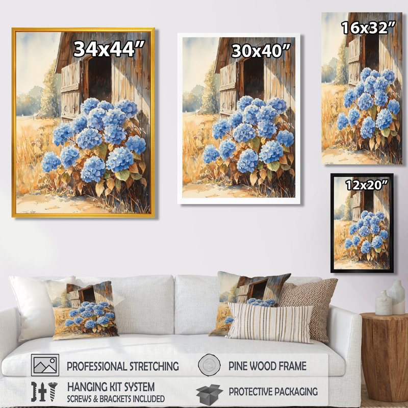 «Ashlie Hydrangeas By The Stable Door I - Hydrangea», art sur toile, Noir, Reproduction avec cadre flottant