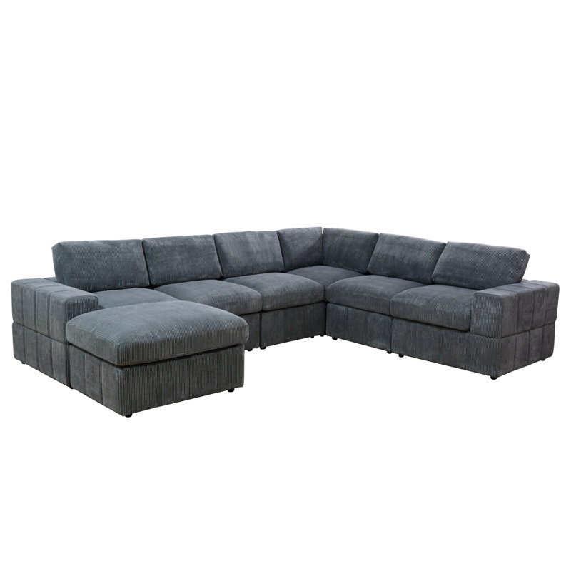 Loyde 7 - Piece 130" Upholstered Corduroy Sectional with Ottoman, Dark Gray Corduroy