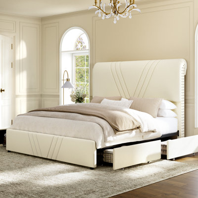 Upholstered Queen Bed Frame with 4 Storage Drawers and 51" Tall Velvet Headboard,No Box Spring Needed,Easy Assembly 