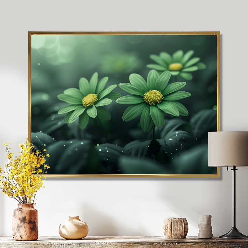 «Green Winter Nirvana Daisies» - impression d'art mural marguerites, H 30 po x l 40 po, Cadre flottant doré