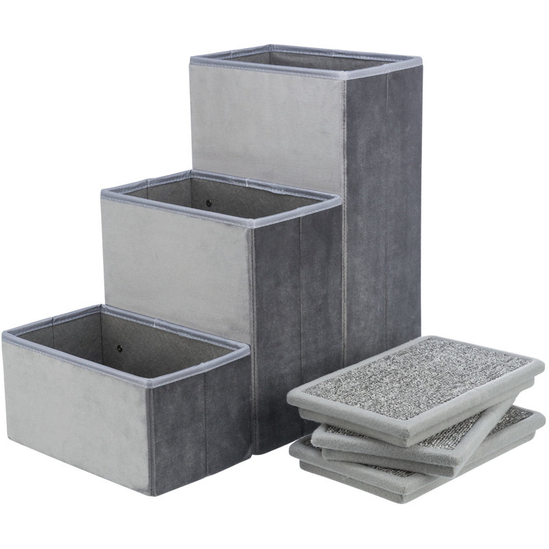 Gray Velour 3-Step Pet Stairs with Storage Compartments