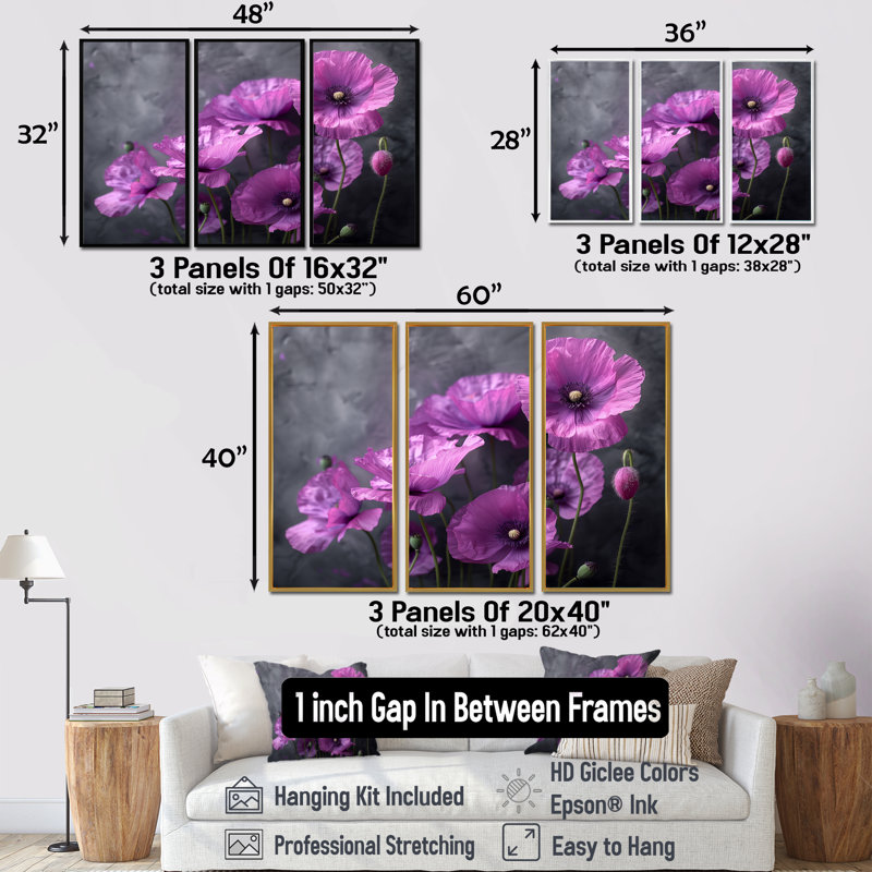 Viraj - Poppies Wall Art Print Set, Silver Floater Framed Canvas, 32" H x 48" W x 1" D