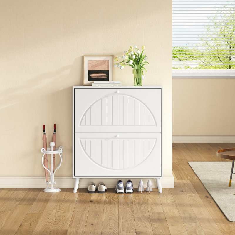 Space-Saving Tipping Bucket Storage Cabinet, Narrow Design with Carved Details, Solid Wood Legs, Anti-Tip Kit Included