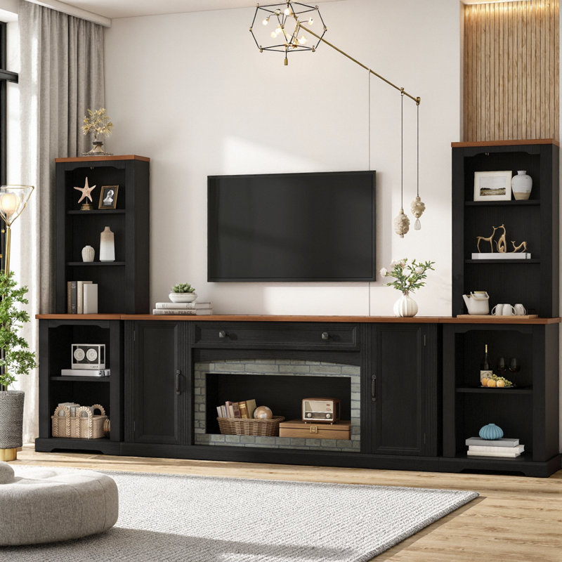 Ensemble de meuble télé 3 pièces avec armoires latérales incurvées, centre de divertissement avec tablettes, Noir