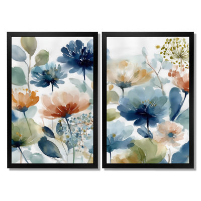 Aquarelle, bleu et orange, champs de fleurs sauvages en France - fleurs sauvages, art mural floral bleu, 2 pièces