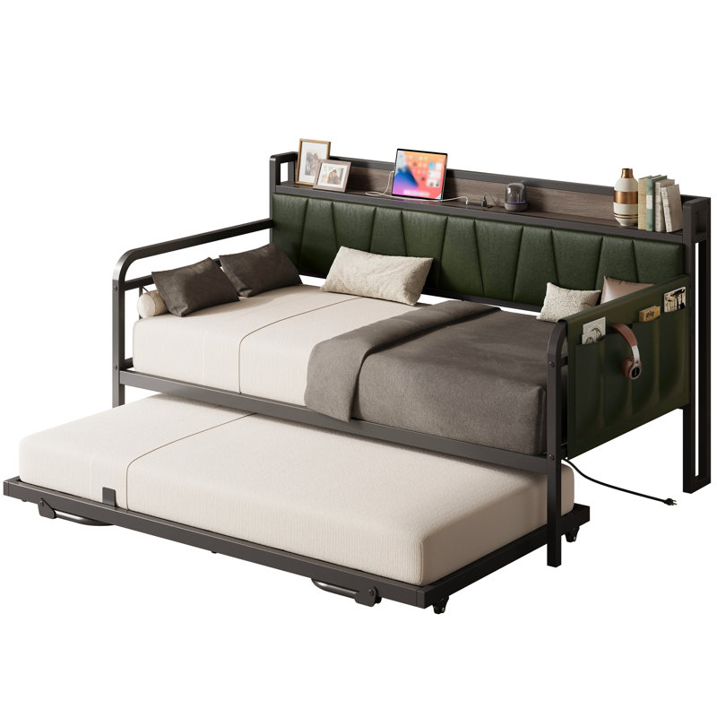 Twin XL Bed Frame with Storage Headboard and Charging Station, Dark Green, Twin XL
