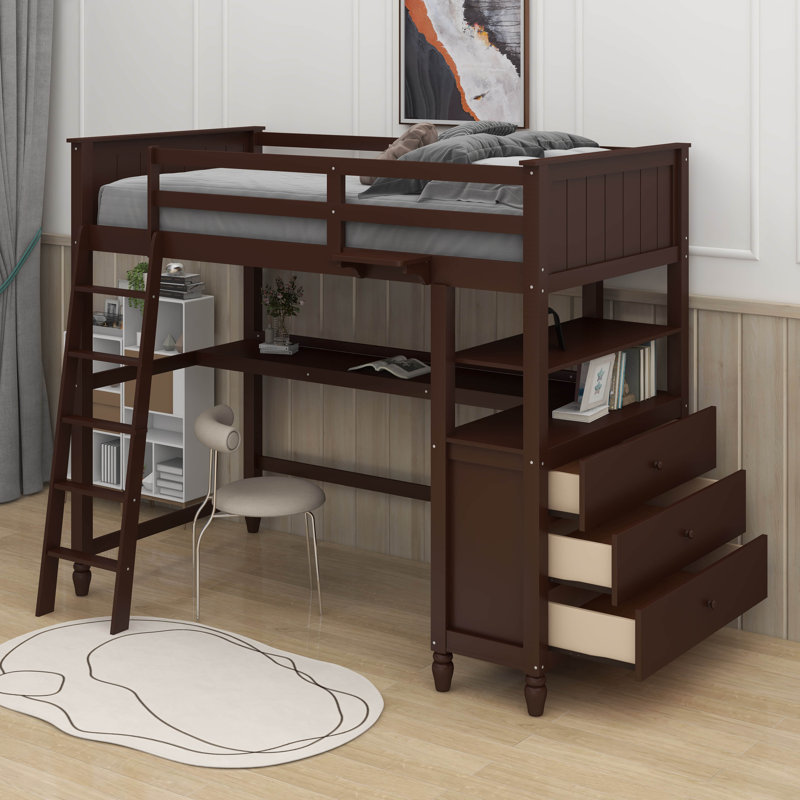 Twin Loft Bed With Drawers,Desk And Shelves, Espresso