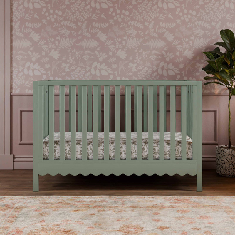 Light Sage Pine Wood Convertible Crib with Scallop Detailing