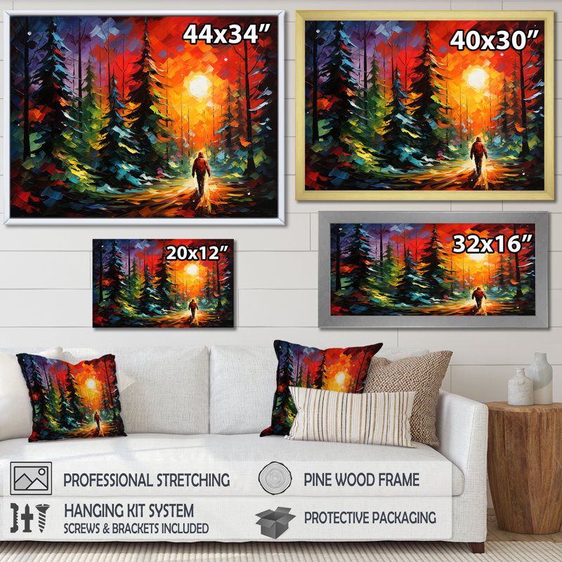 Jaune et vert, coucher de soleil, forêt, merveille - pin, art mural, Toile tendue, H 34 po x l 44 po x P 1,5 po
