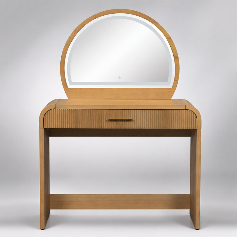 Coiffeuse lumineuse DEL de 99 cm (39 pouces) avec écran tactile, bois naturel et verre trempé, idéale pour les chambres modernes.
