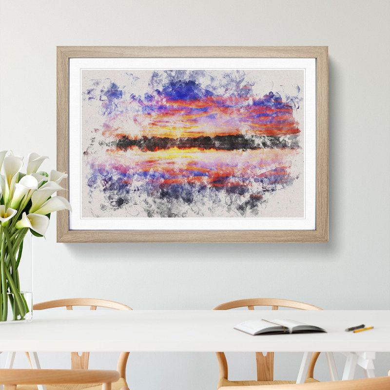 Evening Sunset Watercolour - Picture Frame Graphic Art, 36cm H x 48cm W x 2cm D, Oak