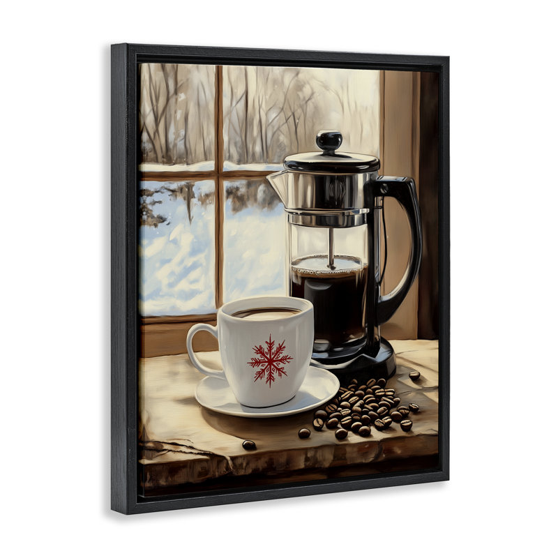 Cadre flottant café Winter French Press, design par Arlington Prints, Cadre flottant noir de jais, H 21 po x l 17 po