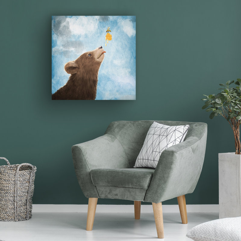 Ourson et abeille avec nid d'abeille sur toile, H 18 po x l 18 po x P 2 po