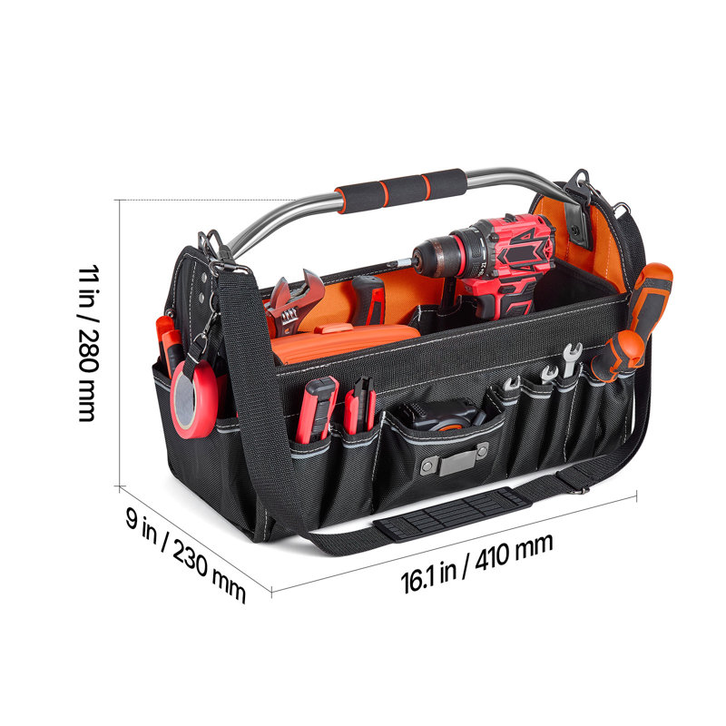 Sac à outils de 41 cm (16,1 pouces) avec 33 poches, conception ouverte sur le dessus, organisateur d'entretien durable avec poignée et bandoulière réglable, rangement portatif pour les projets de bricolage et les travaux sur chantier.