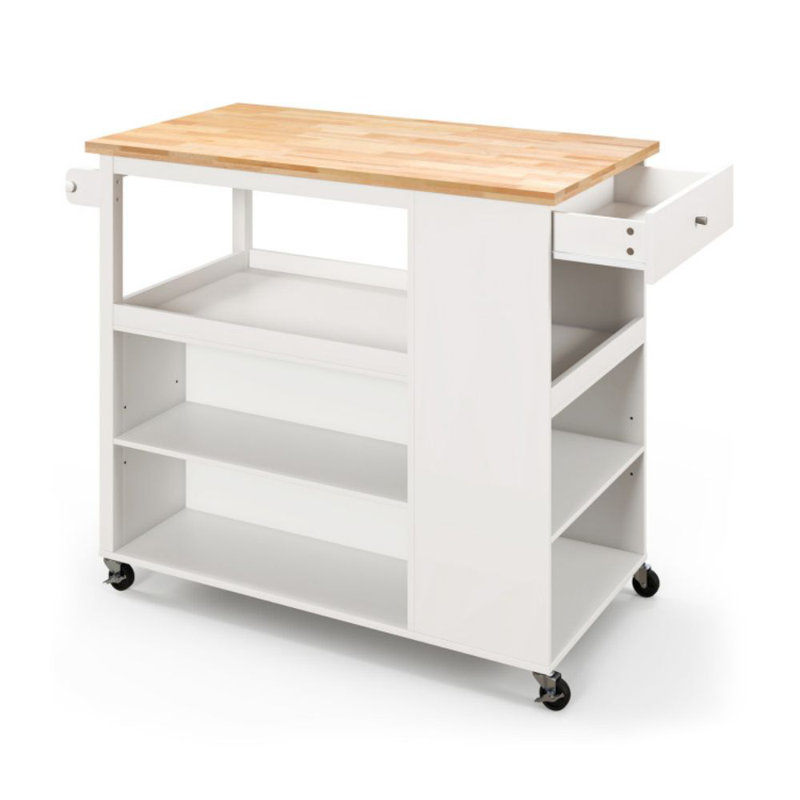 White Kitchen Cart with Rubber Wood Countertop and Storage Shelves