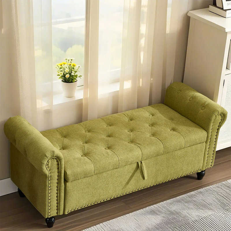 Repose-pieds capitonné avec rangement capitonné, Lin vert olive