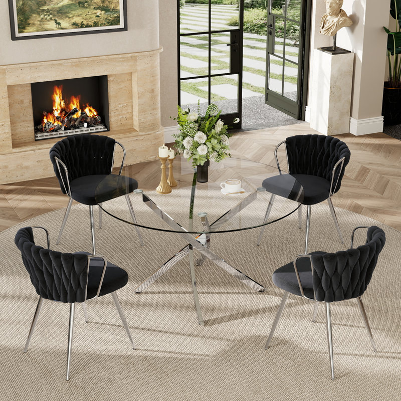 5 - Piece Round Glass Dining Set, 29.5"H x 47.24"L x 47.24"W, Black/Silver