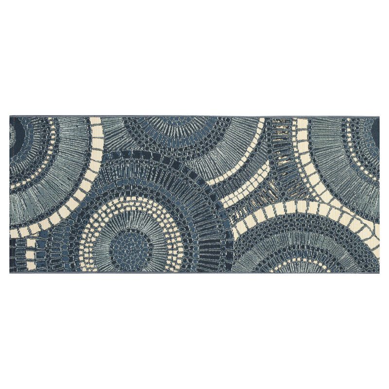 Tapis de cuisine Lygia, Tapis de couloir 1 pi 11 po x 4 pi 11 po, Bleu marine / blanc / bleu