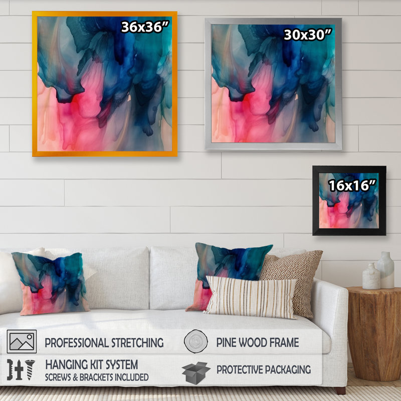«Dequantae Blue and Pink Watercolor Mix», reproduction sur toile, H 16 po x l 16 po x P 1 po, Encadrement doré