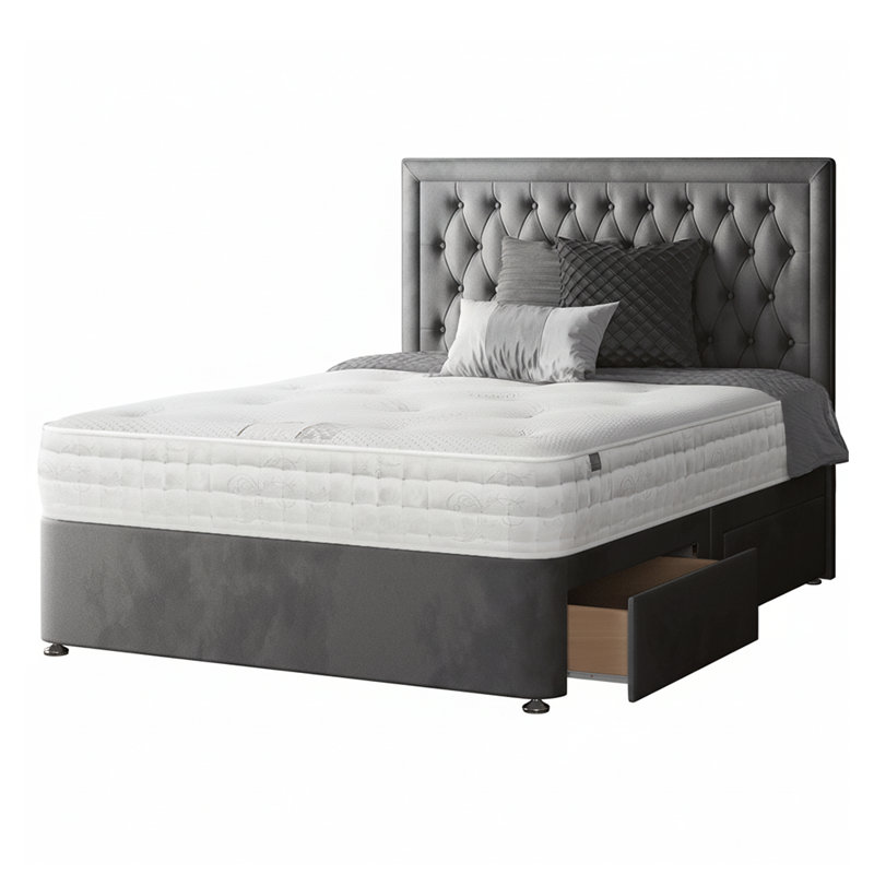 Gallego Upholstered Divan Bed, Double (4'6), Grey, 2 Foot-end Drawers