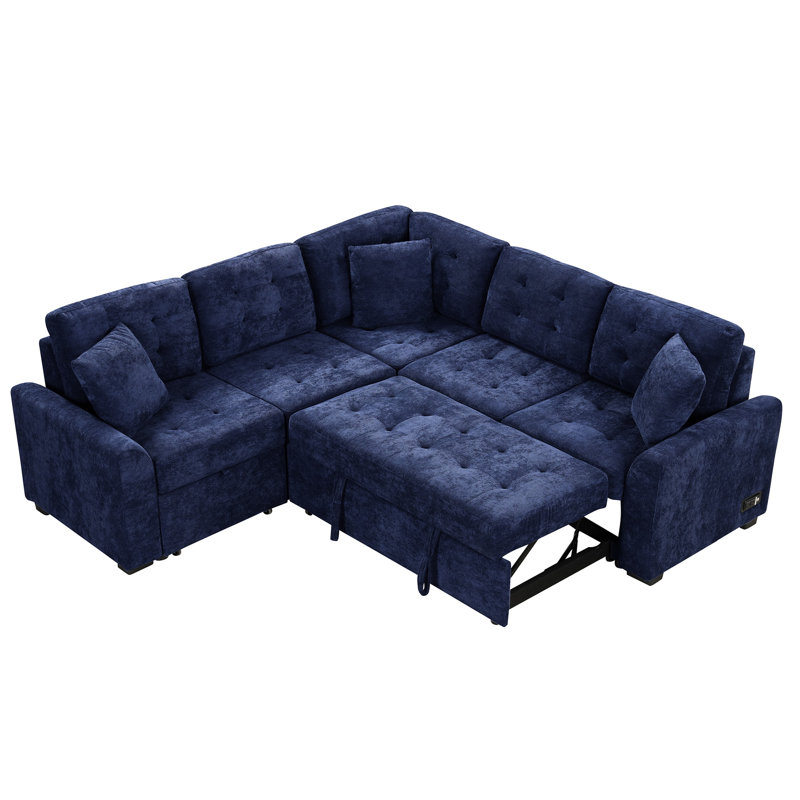 Navy Blue Pull-Out Bed With Ports, Power Sockets, Reinforced Seat Feature, Spacious, Navy Blue Velvet