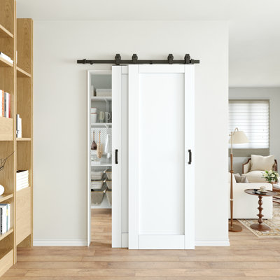 84" H Bypass Barn Door White Primed Solid Core Sliding Bypass Double Barn Door With Installation Hardware Kit/No Assembly Required