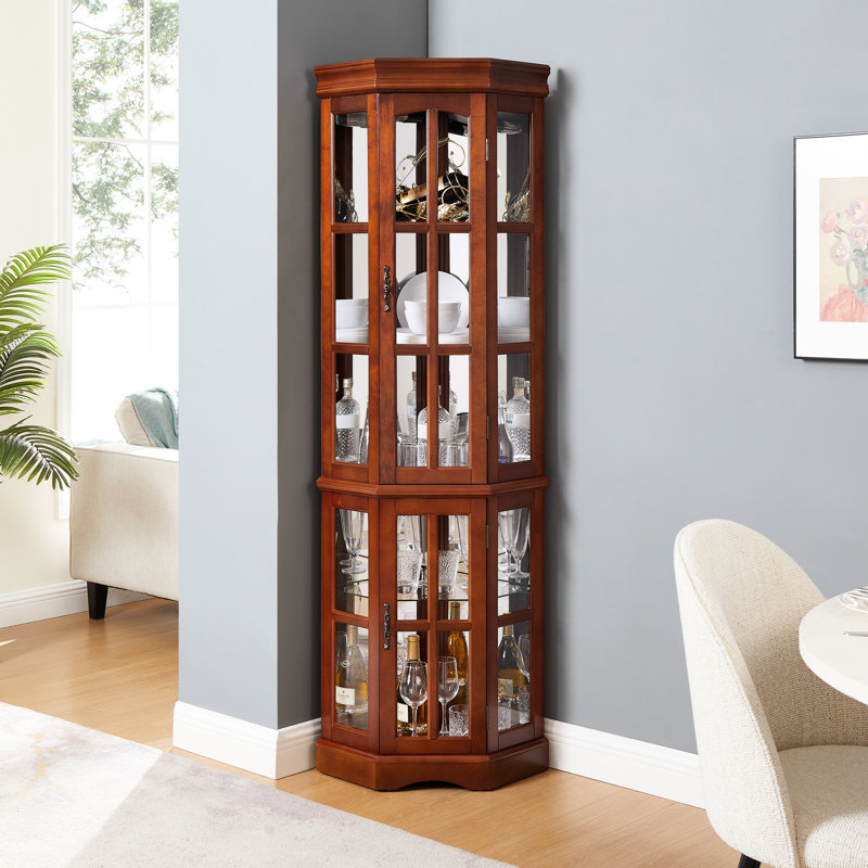 Armoire d'angle à 5 tablettes avec 5 lumières, Noyer