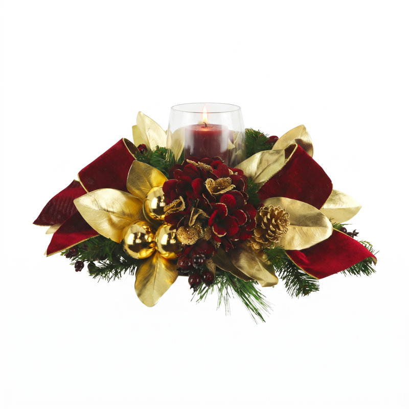 Hydrangea And Magnolia Leaf Holiday Candleholder