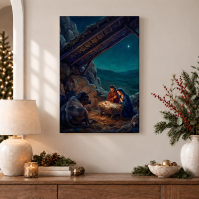 Nativity Scene With Ox And Starry Night Sky Over Christmas Canvas Wall Art