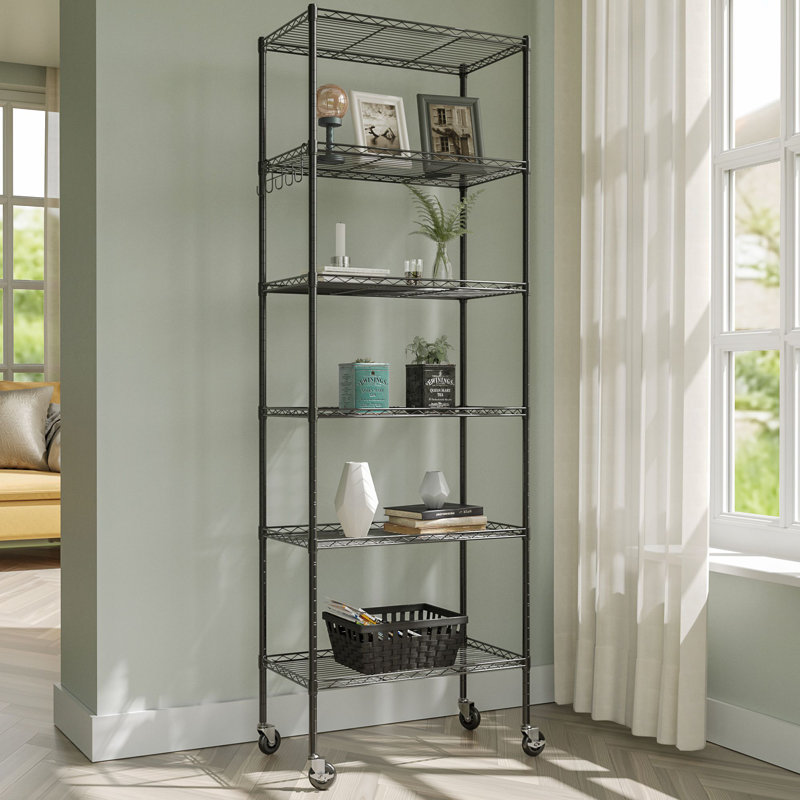 Hipson 6-Shelf Adjustable Storage Shelving Unit Steel Organizer Wire Rack with Lockable Wheel Casters, Hook, Black