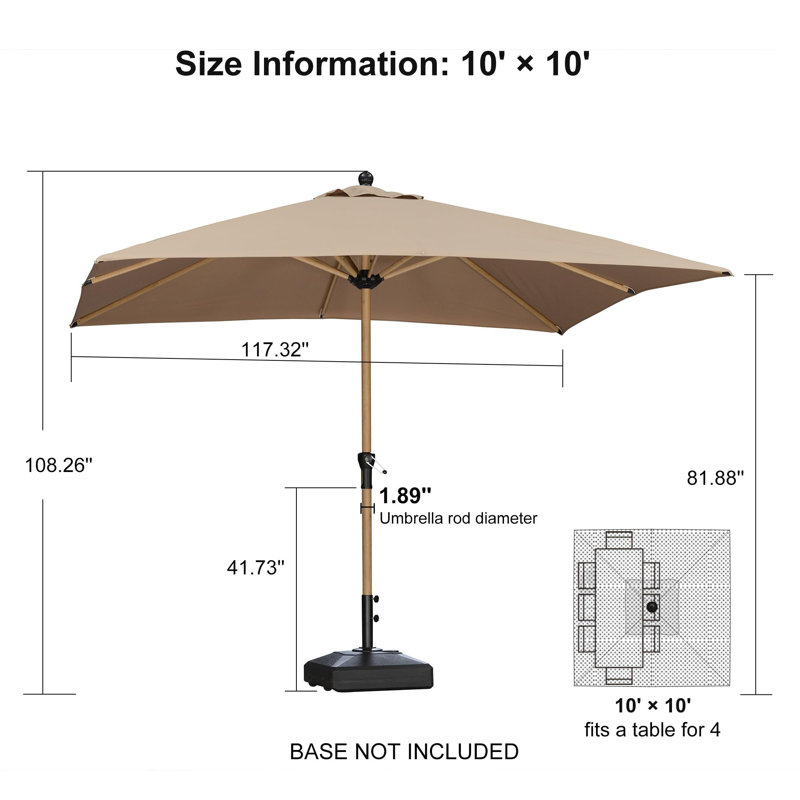 Parasol de table carré de 10 pi x 10 pi avec 8 parasols robustes et manivelle pour terrasse de jardin, Taupe
