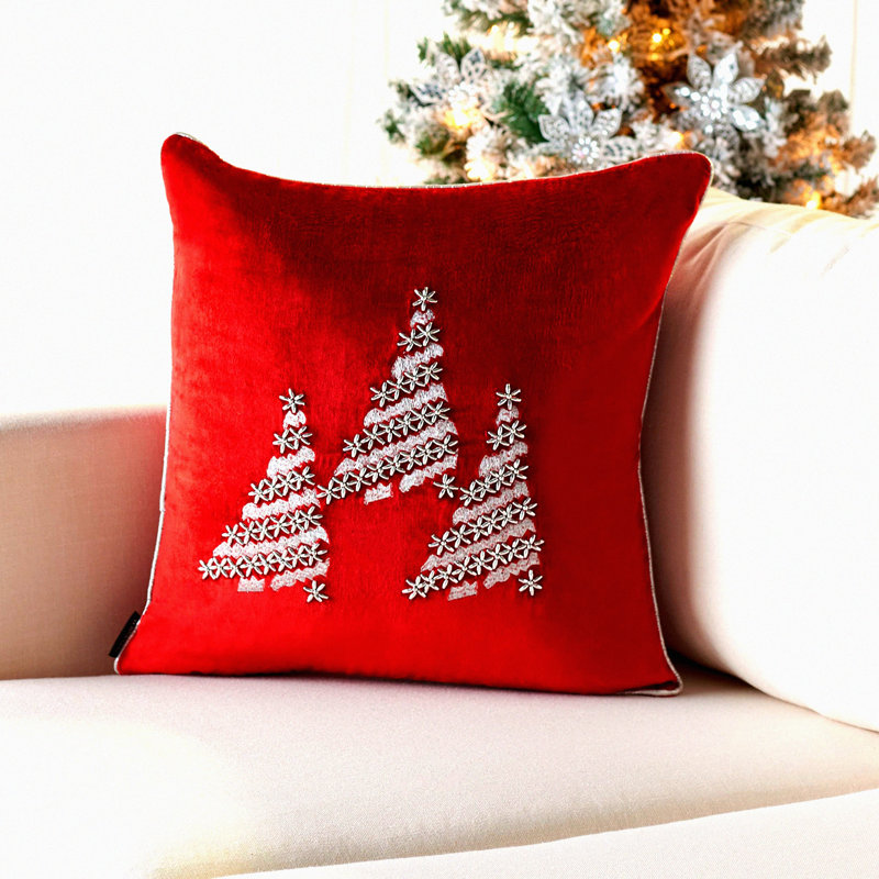 Winter Tree Red/Silver Beaded Square Pillow