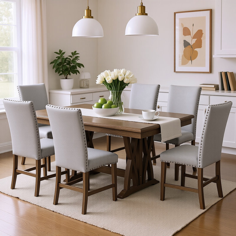 Ensemble de table de salle à manger extensible 7 pièces avec 6 chaises rembourrées - Bois massif, style Mid-Century