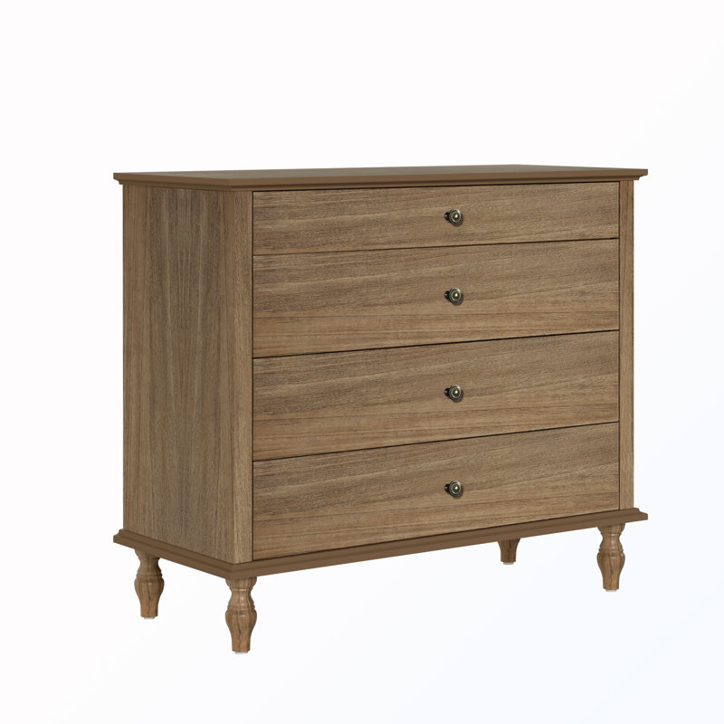 Commode 4 tiroirs en bois avec poignées en métal, Brun rustique clair
