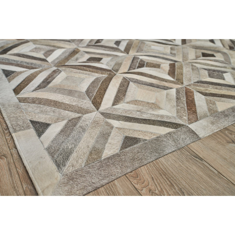 Natural Hide Cowhide Geometric Area Rug in Silver, Rectangle 11'6" x 14'6"
