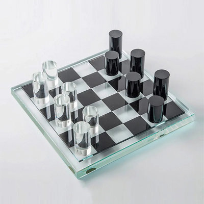 Jeu d'échecs en verre de luxe - Pièces de cylindre modernes transparentes et noires sur un échiquier en verre de 27 cm - Cadeau sophistiqué pour la maison, le bureau, l'anniversaire et les fêtes