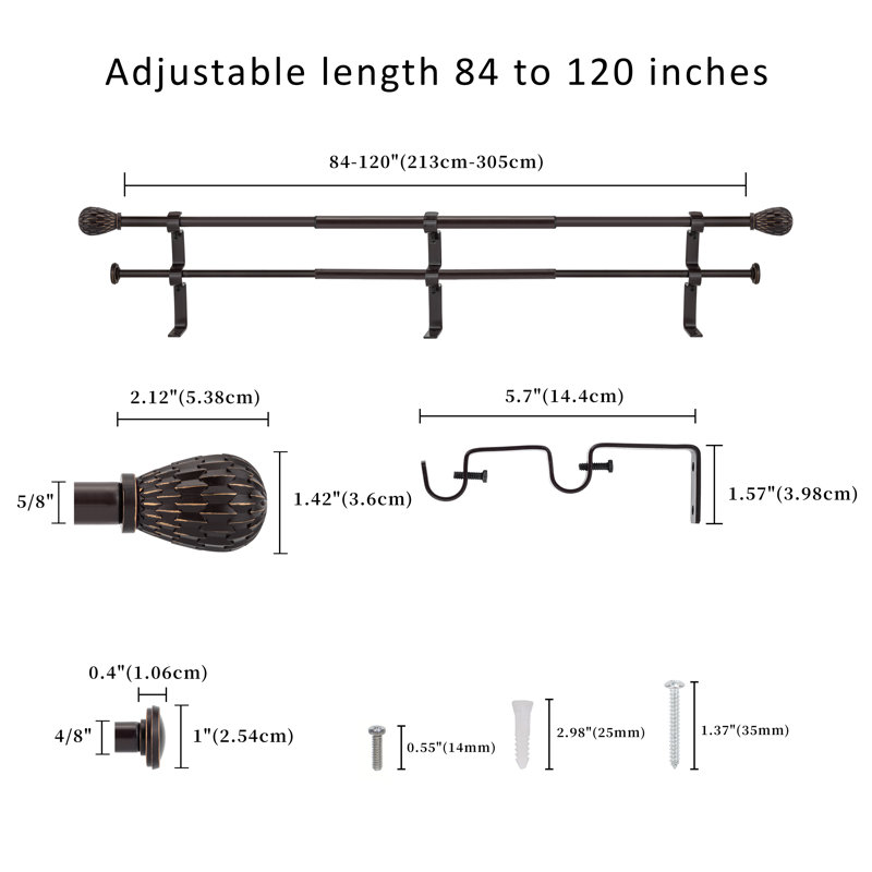 Roul Steel Adjustable 0.63'' Double Curtain Rod, 84" - 120", Bronze