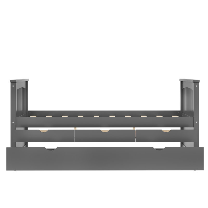 Lit plateforme en bois massif avec lit gigogne et tiroirs, Gris
