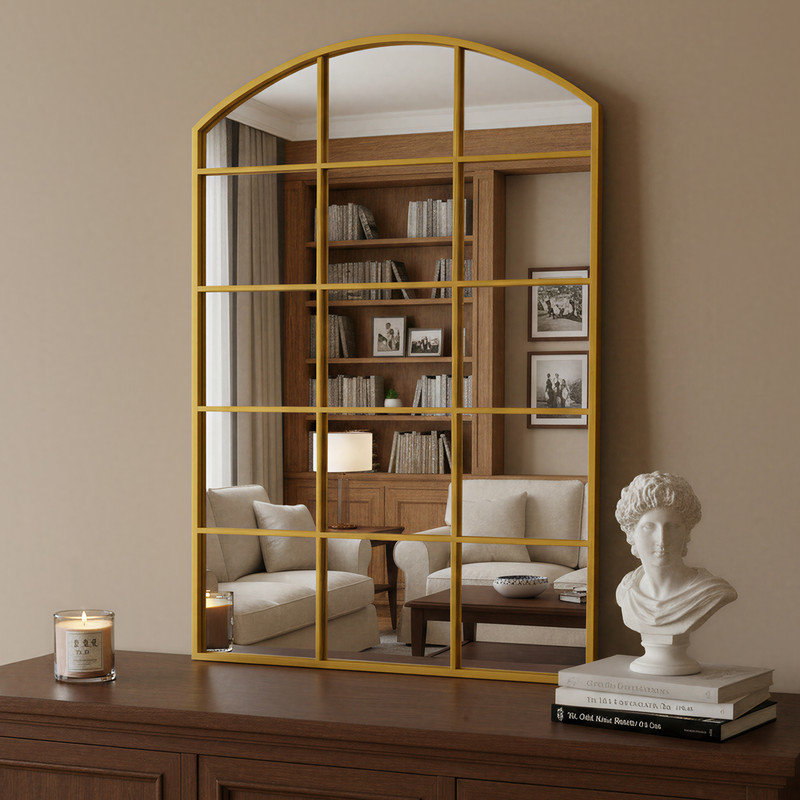 Miroir mural arqué quadrillé à angle droit, doré et noir, pour le salon, la chambre à coucher et le vestibule, Doré