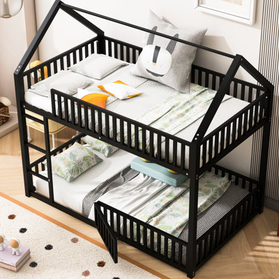 Lit superposé simple au-dessus d'une maison en métal, noir - et protégé par un cadre de lit amusant, stable et stable pour une bonne nuit de sommeil