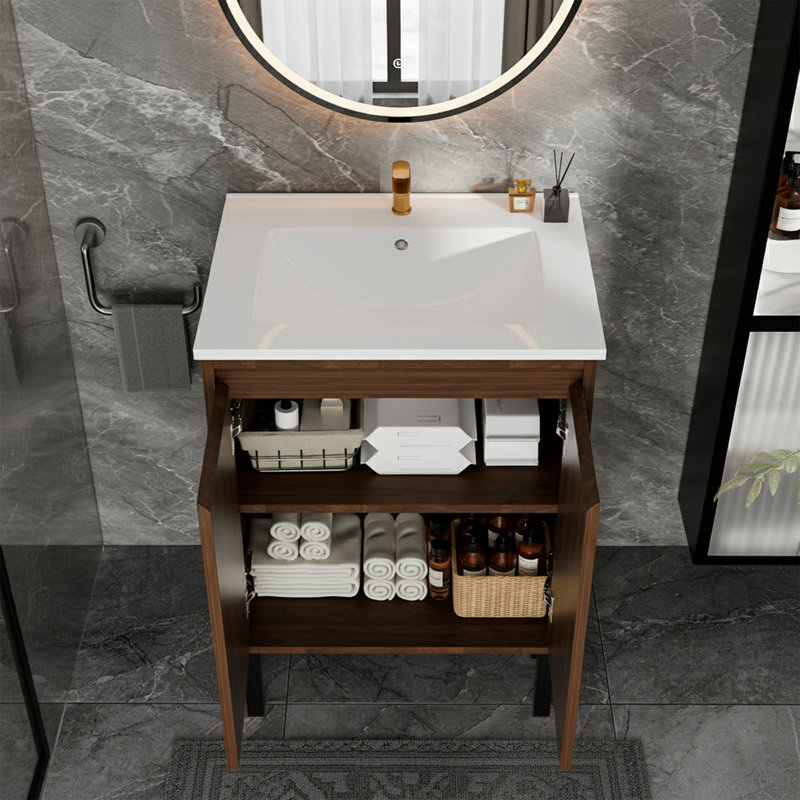 Meuble-lavabo moderne 24 po - Lavabo en céramique blanche - Porte à fermeture en douceur - Finition chêne élégant
