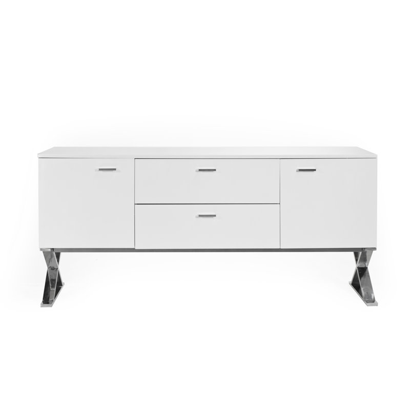 Contemporary White Lacquer Dining Buffet with Polished Silver Steel X-Legs and Storage Drawers, White