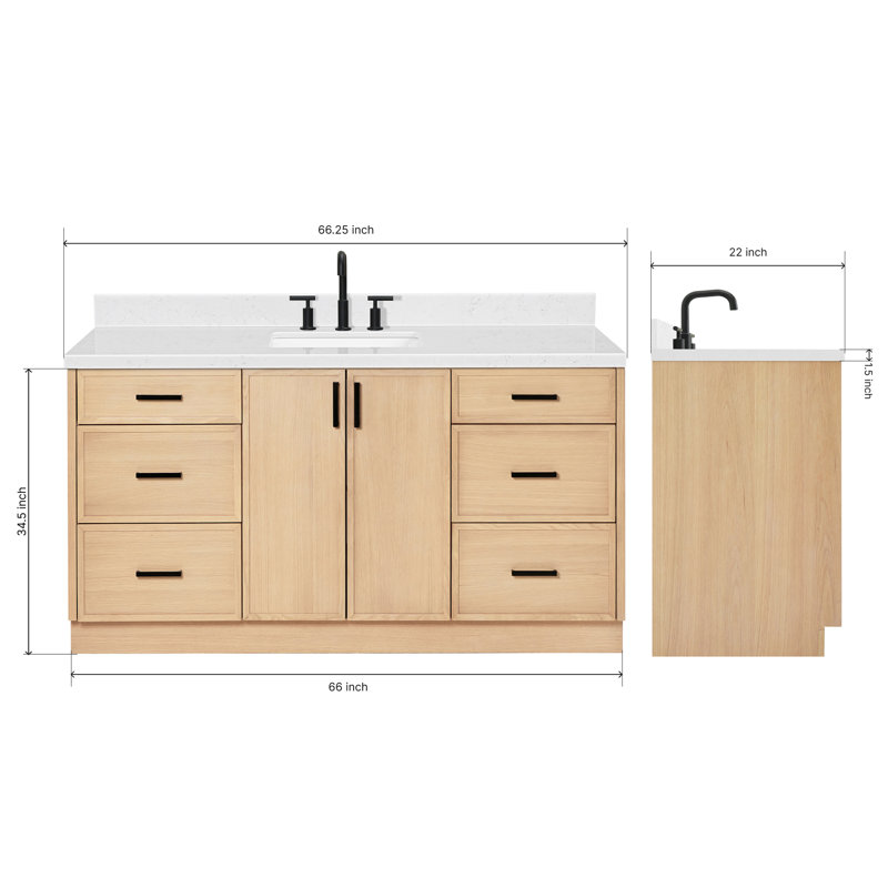 ARIEL Kelly  Single Sink Bathroom Vanity with Carrara Quartz Top, Oak, Rectangular, 66"