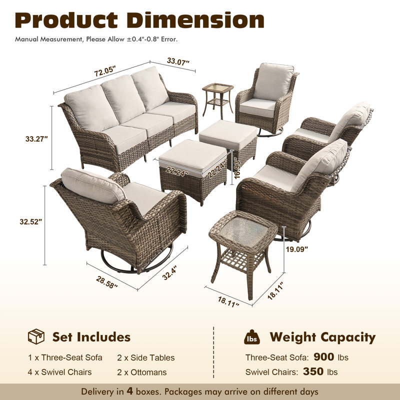 Cracraft 9-Piece All-Weather Wicker Patio Furniture Set With Swivel Rocker Chairs, Deep Seating Sofa & Ottomans For Backyard, Patio & Poolside
