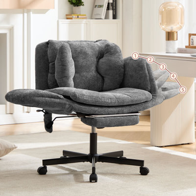 Wide Seat Criss Cross Office Chair with Footrest, Ergonomic Chenille Desk Chair with Flip-Up Armrests, Reclining Swivel Computer Chair with Lumbar Support