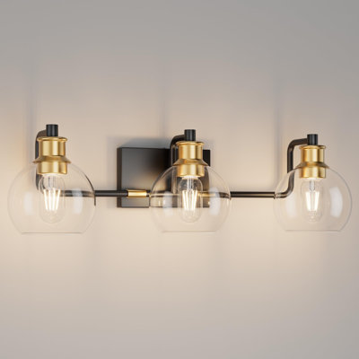 Black & Gold Vintage Bathroom Vanity Light Fixtures Over Mirror Glass Globe 3 Lights Industrial Vanity Lights Farmhouse Bath Lighting(Exclude Bulb)