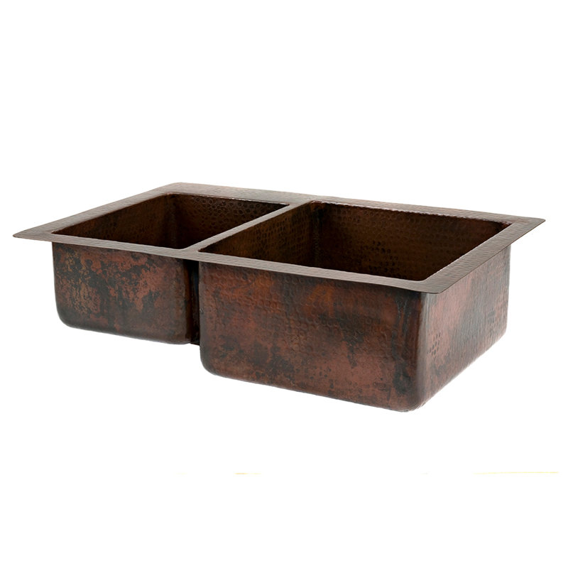 33" Hammered Copper Kitchen 40/60 Double Basin Sink with Matching Drains, and Accessories